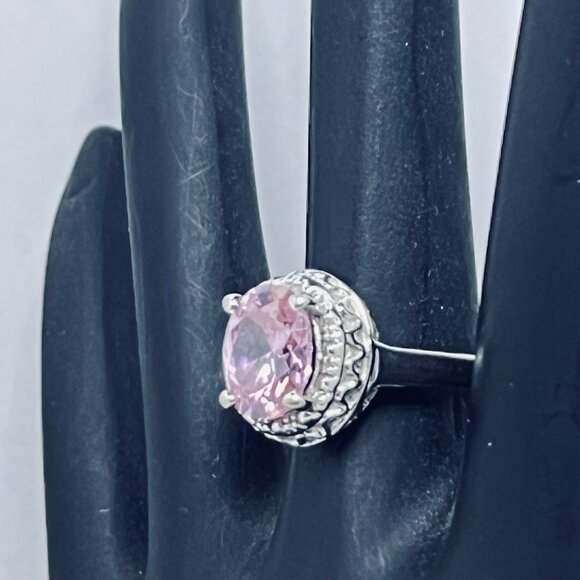 Silver Tone With Pink Glass Rhinestone Statement Ring (R367) - Picture 2 of 6